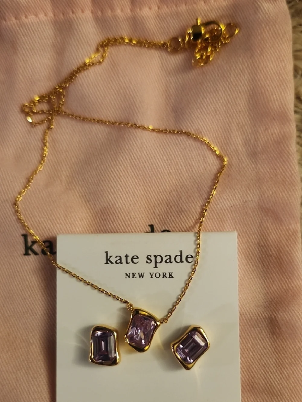 Kate Spade Gold-Tone Necklace with Light Amethyst Stone & Matching Stud Earrings - Picture 4 of 6